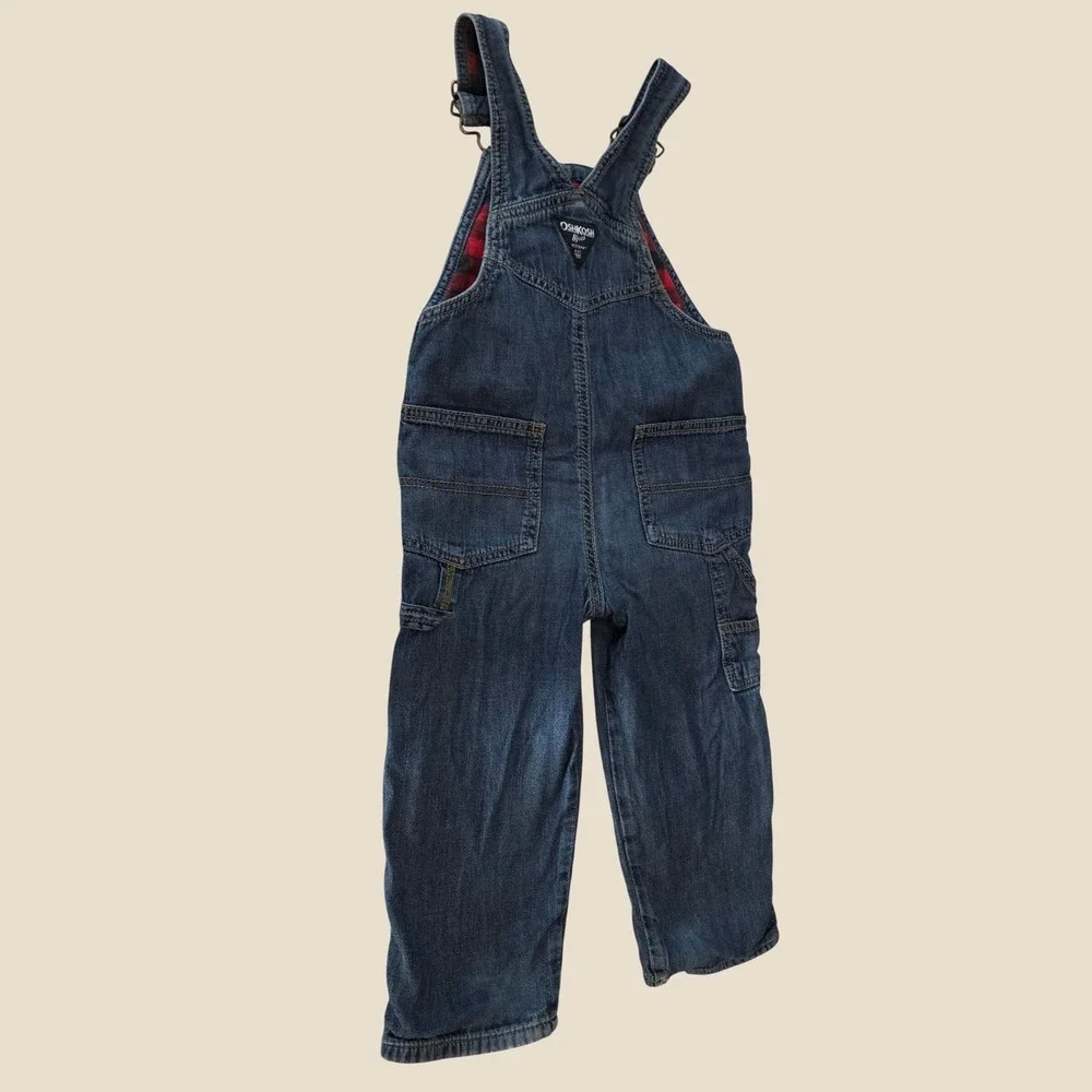 OshKosh Boys Denim Overalls Toddler 3T Blue Flannel Lined Carpenter Dungarees